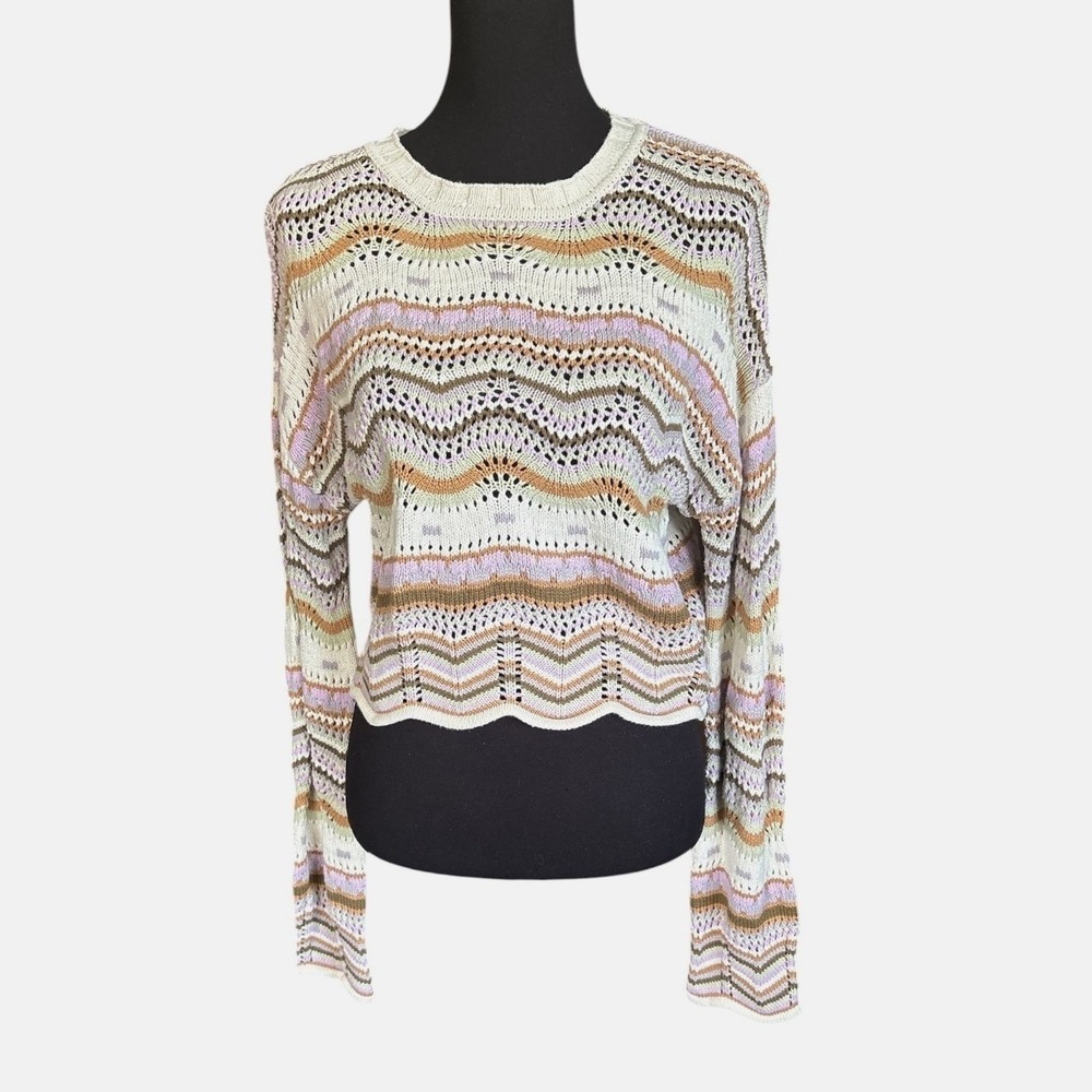 Originality Multicolor Striped Crochet Knit Scalloped Hem Sweater,Small, Cottage
